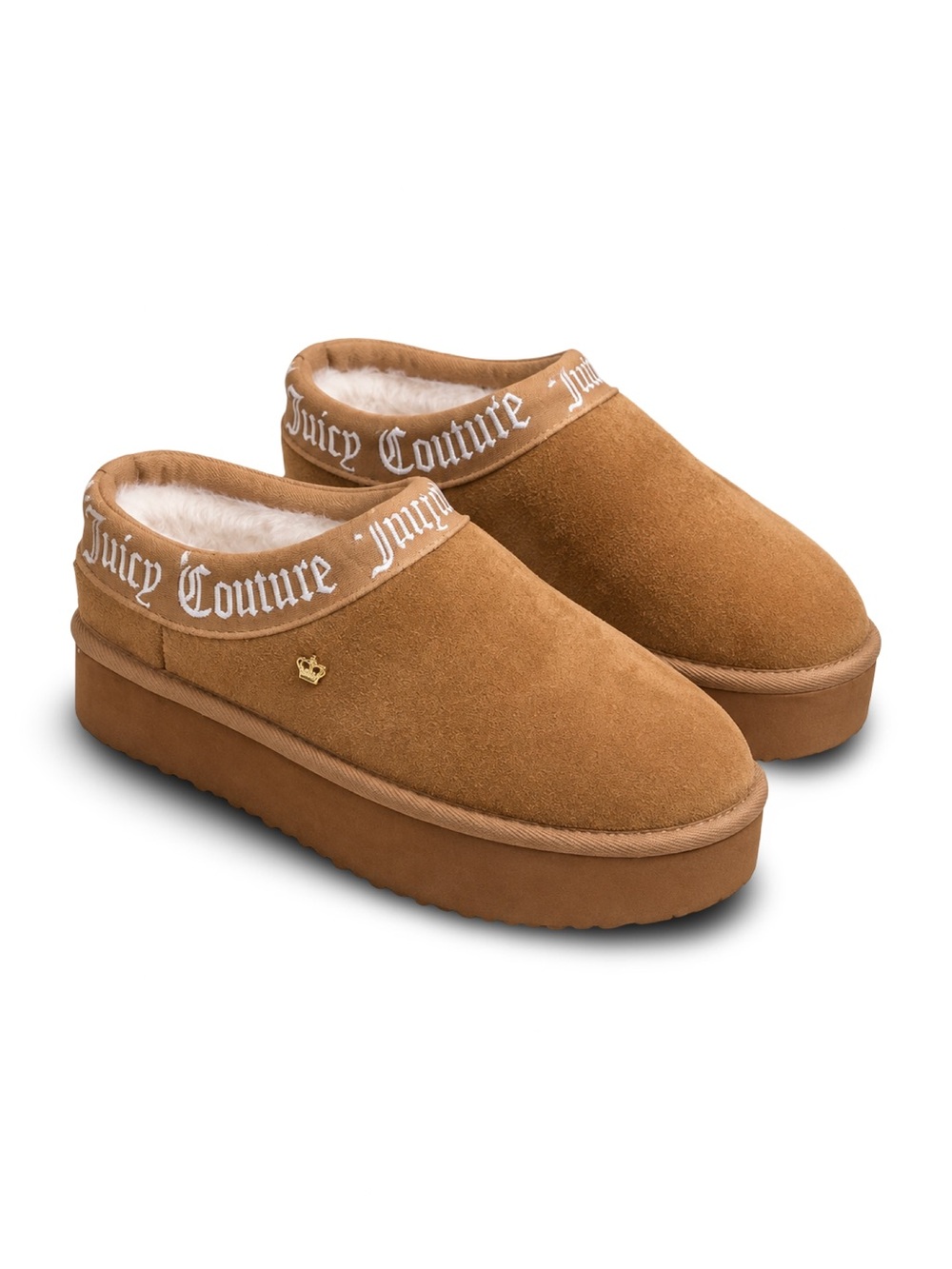 Juicy Couture JC-ONEY Tan Suede Platform Clog Slippers Faux Fur Lined Sz 6 - Picture 1 of 14
